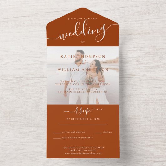 Elegant Terracotta Calligraphy Photo Wedding All In One Uitnodiging (Binnen)