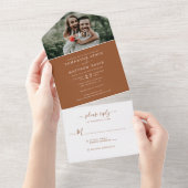 Elegant Terracotta Calligraphy Photo Wedding All In One Uitnodiging (Afscheurbaar)