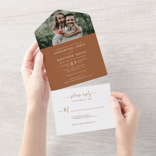 Elegant Terracotta Calligraphy Photo Wedding All In One Uitnodiging (Afscheurbaar)