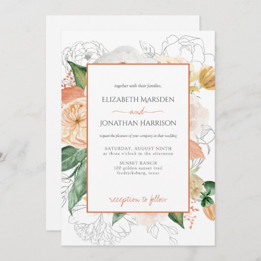 Elegant Terracotta Champagne Floral Script Kaart (Voorkant / Achterkant)