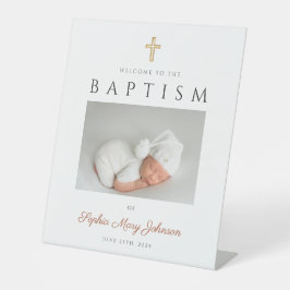 Elegant Terracotta Cross Photo Baptism Welcome Reclamebord Met Voetstuk