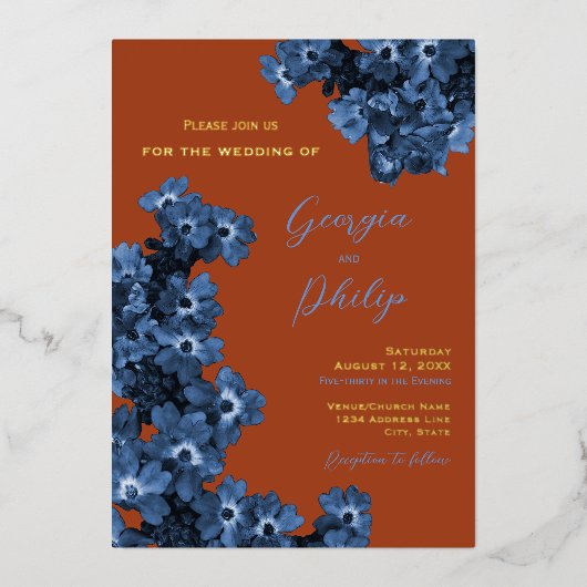 Elegant Terracotta & Dusty Blue Flowers Wedding Folie Uitnodiging (Voorkant)