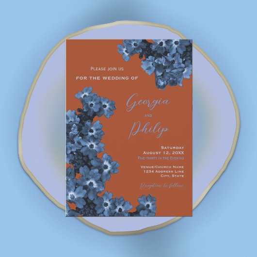 Elegant Terracotta & Dusty Blue Flowers Wedding Kaart