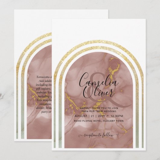 Elegant Terracotta Earthy Marble Gold Arch Wedding Kaart (Voorkant / Achterkant)