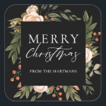 Elegant Terracotta Floral Boho kerstnaam Vierkante Sticker<br><div class="desc">Deze prachtige kerstcadeautjes voor kerstfeestdagen zijn voorzien van een handbeschilderd bloemontwerp in donkergroene olijven, terracotta verbrand sinaasappel en ivoor over een zwarte achtergrond (kleur kan desgewenst worden aangepast). Stijlvolle typografie: "Vrolijk kerstfeest." Eenvoudig te personaliseren voor unieke cadeaulabels voor feestdagen! Voor vragen over het ontwerp, stuur me een e-mail (Tracey) op...</div>