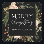 Elegant Terracotta Floral Boho kerstnaam Vierkante Sticker<br><div class="desc">Deze prachtige kerstcadeautjes voor kerstfeestdagen zijn voorzien van een handbeschilderd bloemontwerp in donkergroene olijven, terracotta verbrand sinaasappel en ivoor over een zwarte achtergrond (kleur kan desgewenst worden aangepast). Stijlvolle typografie: "Vrolijk kerstfeest." Eenvoudig te personaliseren voor unieke cadeaulabels voor feestdagen! Voor vragen over het ontwerp, stuur me een e-mail (Tracey) op...</div>