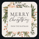 Elegant Terracotta Floral Boho kerstnaam Vierkante Sticker<br><div class="desc">Deze prachtige kerstcadeautjes voor kerstfeestdagen zijn voorzien van een handbeschilderd bloemontwerp in donkergroene olijven, terracotta verbrand sinaasappel en ivoor over een ivoorachtergrond (kleur kan desgewenst worden aangepast). Stijlvolle typografie: "Vrolijk kerstfeest." Eenvoudig te personaliseren voor unieke cadeaulabels voor feestdagen! Voor vragen over het ontwerp, stuur me een e-mail (Tracey) op orabellaprints@outlook.com....</div>