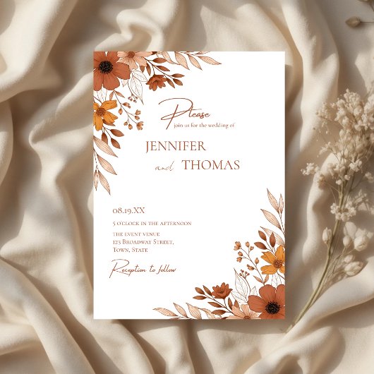 Elegant Terracotta Floral Hand-Drawn Wedding Kaart