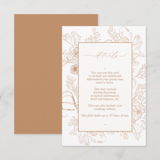 Elegant Terracotta Floral Line Art Wedding Details Informatiekaartje (Voorkant / Achterkant)