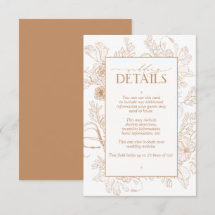 Elegant Terracotta Floral Line Art Wedding Details Informatiekaartje