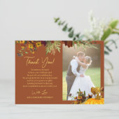 Elegant terracotta floral script foto bruiloft bedankkaart (Staand voorkant)