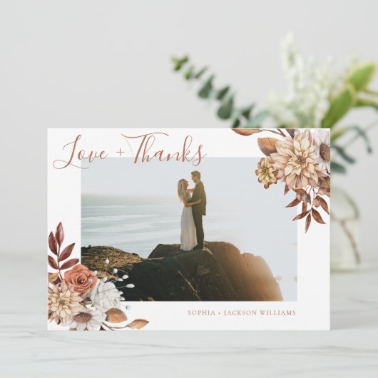 Elegant Terracotta Floral Script Photo Bedankkaart (Staand voorkant)