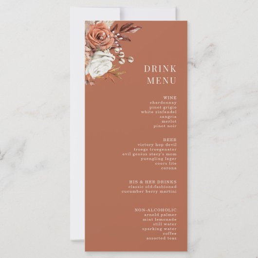 Elegant Terracotta Floral Wedding Dinner Menu Kaar (Achterkant)