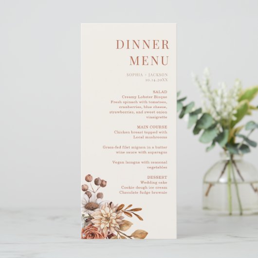 Elegant Terracotta Floral Wedding Dinner Menu Kaar (Staand voorkant)