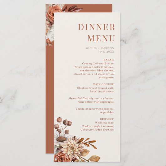 Elegant Terracotta Floral Wedding Dinner Menu Kaar (Voorkant / Achterkant)