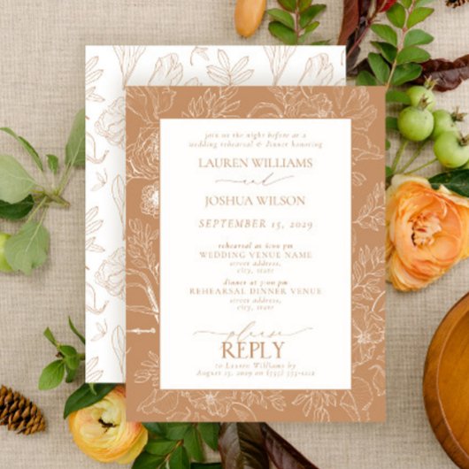 Elegant Terracotta Floral Wedding Rehearsal Dinner Kaart