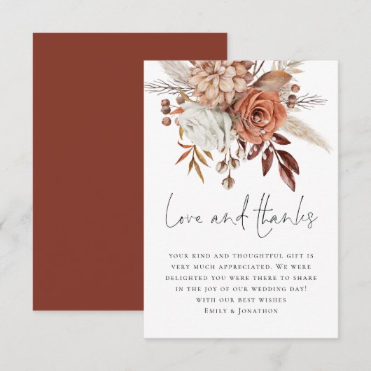 Elegant Terracotta Florals Love Bedankt Wedding (Voorkant / Achterkant)