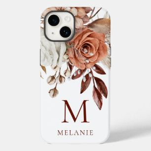 Elegant Terracotta Florals Monogram Initiaal Naam Case-Mate iPhone 14 Hoesje