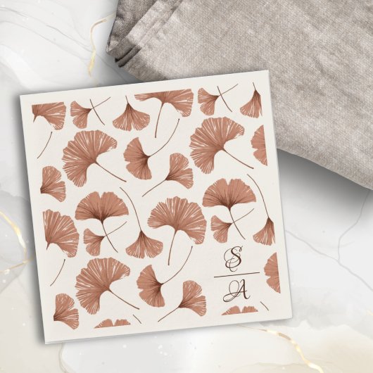 Elegant Terracotta Ginkgo Pattern Monogram Weddens Servet