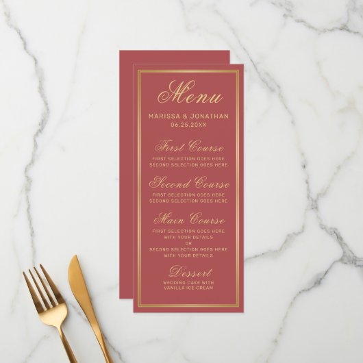 Elegant Terracotta Gold Script Wedding Menu (Voorkant / Achterkant in situ)