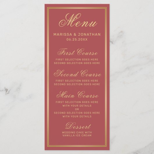 Elegant Terracotta Gold Script Wedding Menu (Voorkant)