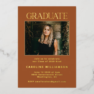 Elegant Terracotta Gold Two Photo Graduation Party Folie Uitnodiging