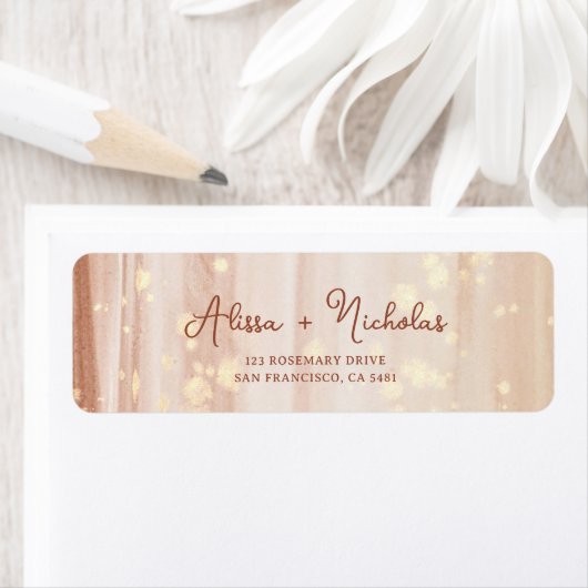 Elegant Terracotta Goud Waterverf Trouwadres Etiket (Insitu)