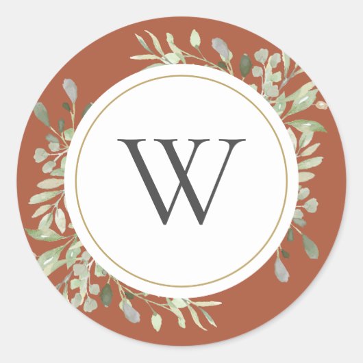 Elegant Terracotta Green Monogram Initiaal Ronde Sticker (Voorkant)