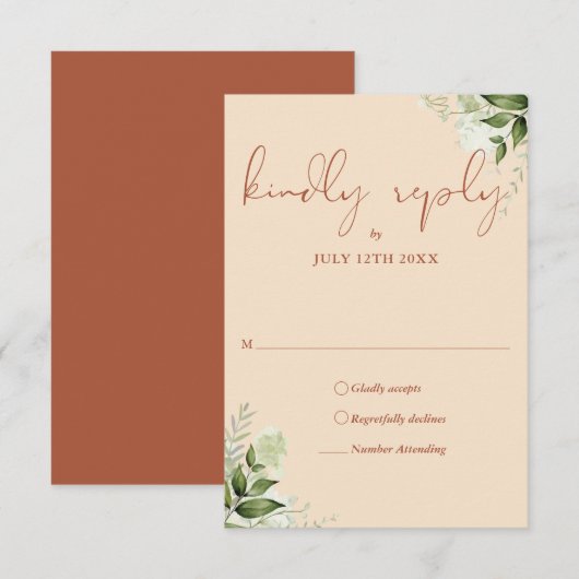 Elegant Terracotta Greenery Floral Wedding RSVP Kaartje (Voorkant / Achterkant)