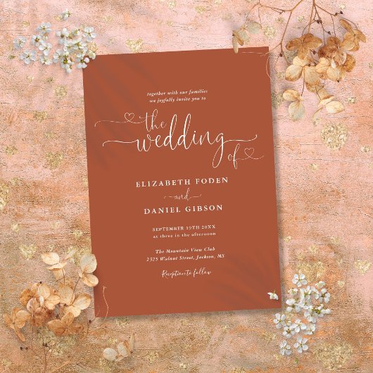 Elegant Terracotta Hearts Calligraphy Wedding Kaart
