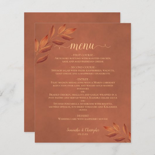 Elegant Terracotta Leaves Budget Wedding Menu (Voorkant / Achterkant)