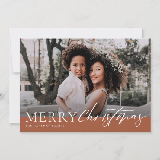 Elegant Terracotta Merry KerstFloral Foto Feestdagenkaart (Voorkant)