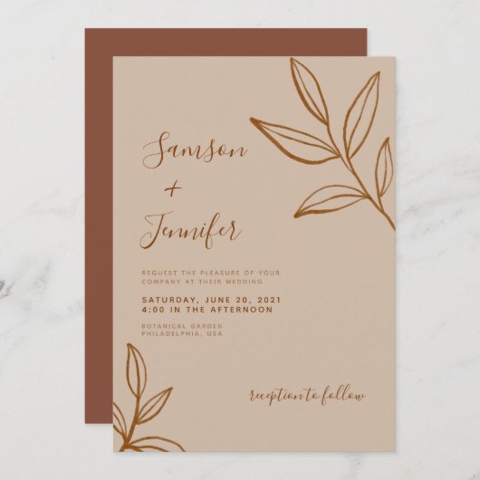 Elegant Terracotta met Leaves Boho Wedding Kaart (Voorkant / Achterkant)