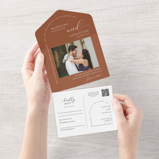 Elegant Terracotta Minimale Arch QR Code Foto All In One Uitnodiging (Afscheurbaar)