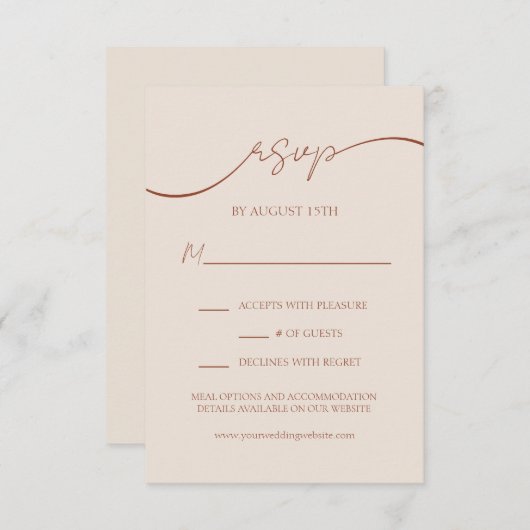 Elegant Terracotta Modern Script Bruiloft RSVP Informatiekaartje (Voorkant / Achterkant)