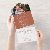 Elegant Terracotta Modern Script Photo Wedding All In One Uitnodiging (Afscheurbaar)