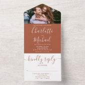 Elegant Terracotta Modern Script Photo Wedding All In One Uitnodiging (Binnen)