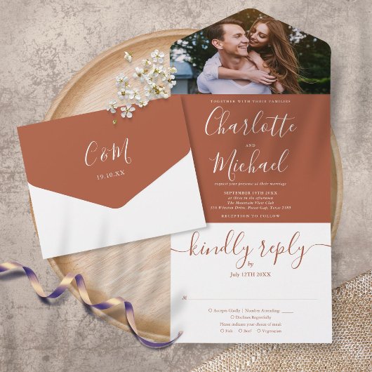 Elegant Terracotta Modern Script Photo Wedding All In One Uitnodiging
