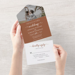 Elegant Terracotta Monogram Foto RSVP Bruiloft All In One Uitnodiging