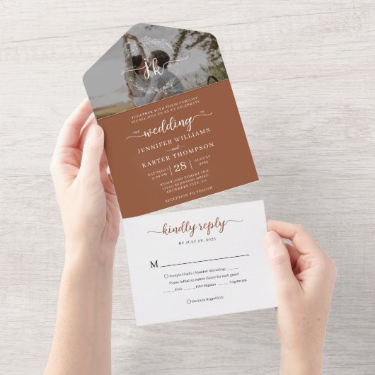 Elegant Terracotta Monogram Foto RSVP Bruiloft All In One Uitnodiging (Afscheurbaar)