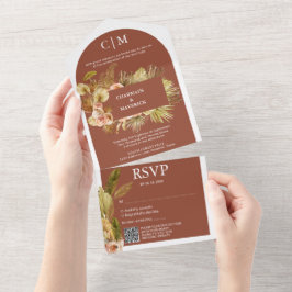 Elegant Terracotta Monogram QR Code Arch Bruiloft All In One Uitnodiging