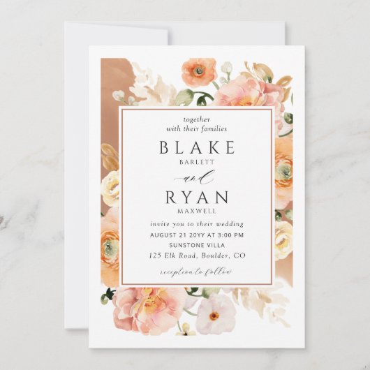 Elegant Terracotta, Peach, Blush Botanical Wedding Kaart (Voorkant)