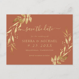 Elegant Terracotta Rust Gold Foliage Save the Date Aankondigingskaart
