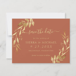 Elegant Terracotta Rust Gold Foliage Save the Date Kaart