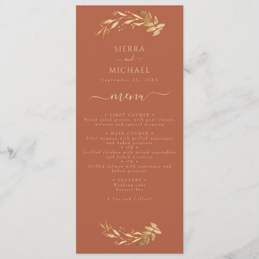 Elegant Terracotta Rust Gold Wedding Reception Menu (Voorkant)