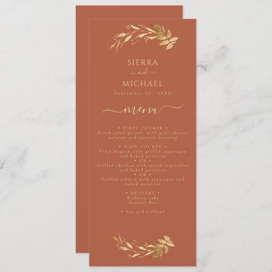 Elegant Terracotta Rust Gold Wedding Reception Menu (Voorkant / Achterkant)