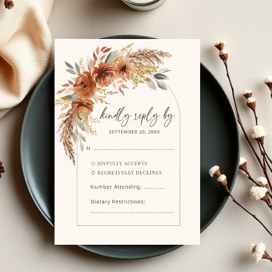 Elegant Terracotta Rustic Fall Floral Wedding  RSVP Kaartje