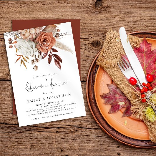 Elegant Terracotta Rustic Florals Rehearsal Dinner Kaart
