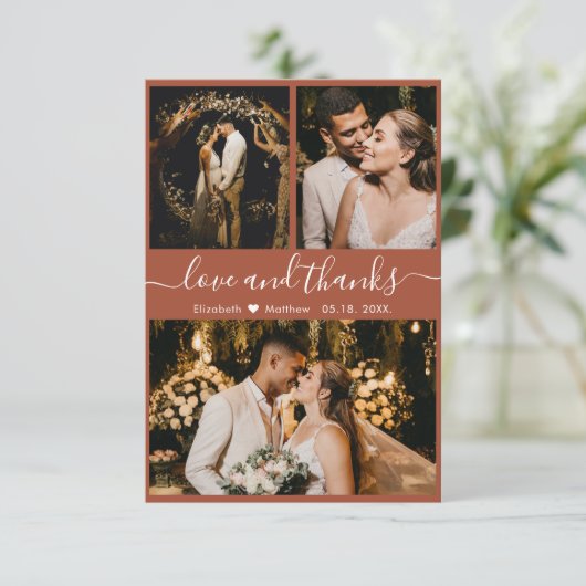Elegant Terracotta Script 3 Photo Collage Wedding Bedankkaart (Staand voorkant)