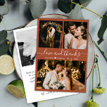 Elegant Terracotta Script 3 Photo Collage Wedding Bedankkaart<br><div class="desc">Modern, Ivory Elegant "Love and Bedankt" Script Wedding 3 Foto Collage Hartelijk dank. Stijlvolle bruiloft bedankt je sjabloon met (3) drie foto op de voorkant en (1) één foto op de achterkant. Met het tekst "Love and bedankt"-script in een cursief, met zwang geschreven typografie swash-tail font in white color op...</div>